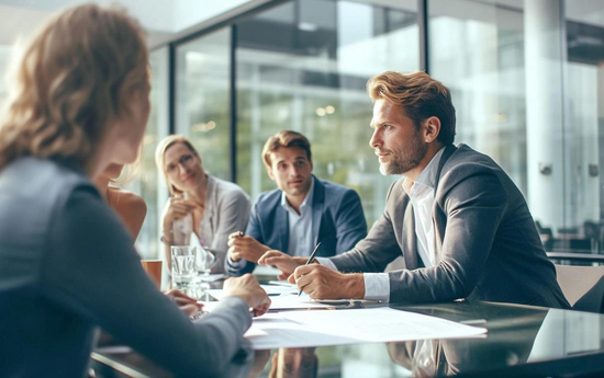 Întâlnire de afaceri într-un birou modern, cu patru persoane discutând în jurul unei mese.