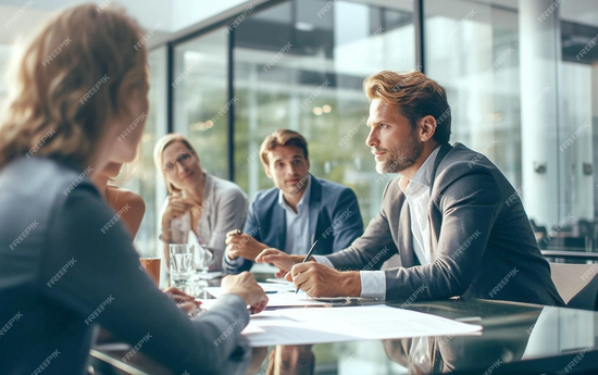 Întâlnire de afaceri într-un birou modern, cu patru persoane discutând în jurul unei mese.